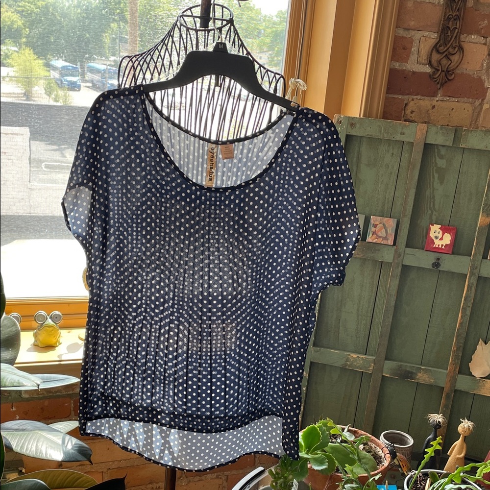 Eyeshadow Navy and White Polka Dot Sheer Blouse